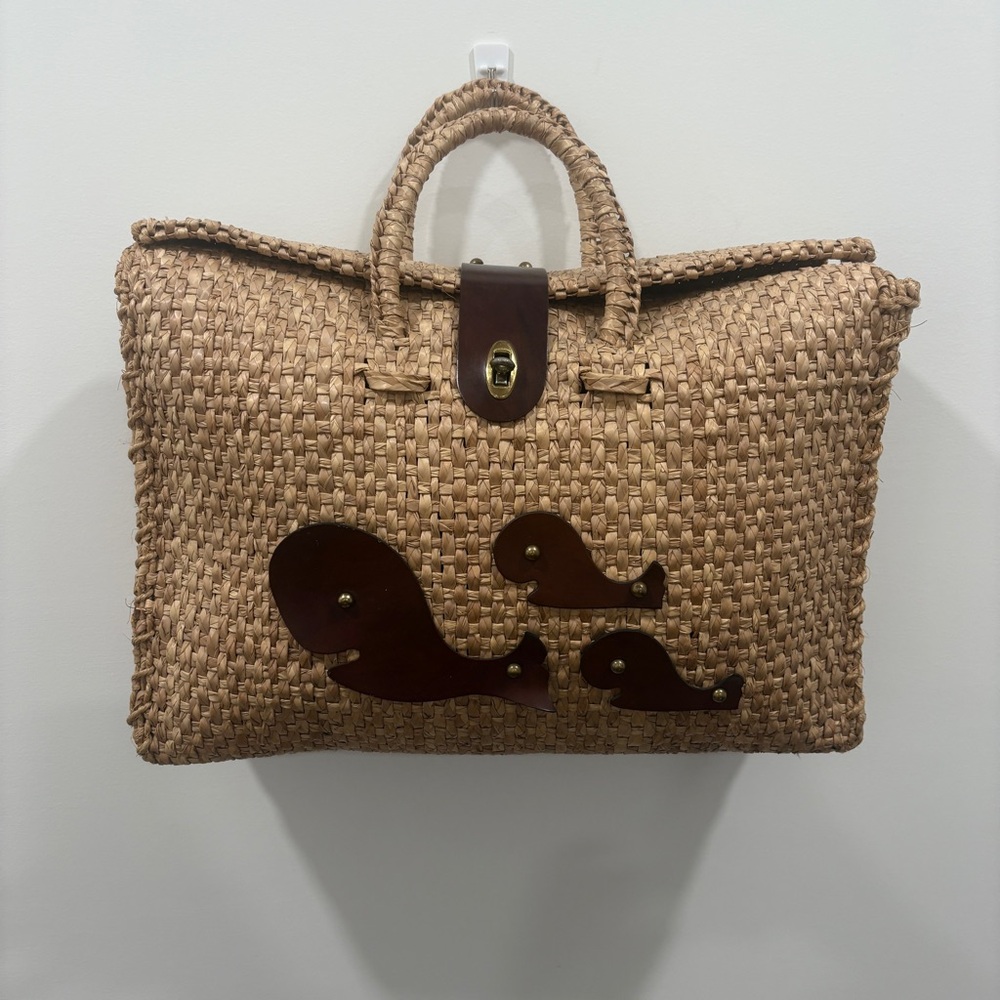 Vintage Woven Straw Tote with Whale Accents made in Mexico